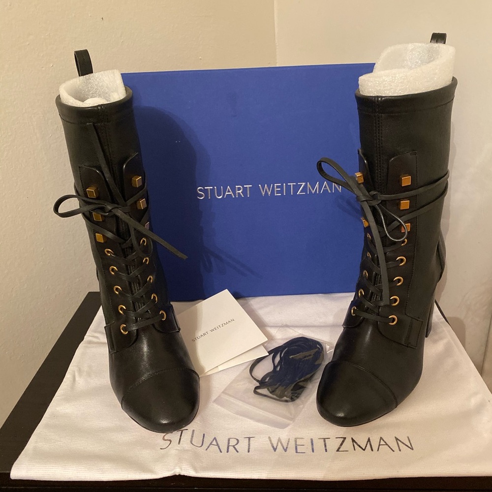 Stuart Weitzman Black Heeled Boots with Gold Accents